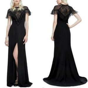 Tadashi Shoji Black Lace Flutter Sleeve Illusion Neckline Floor Length Gown